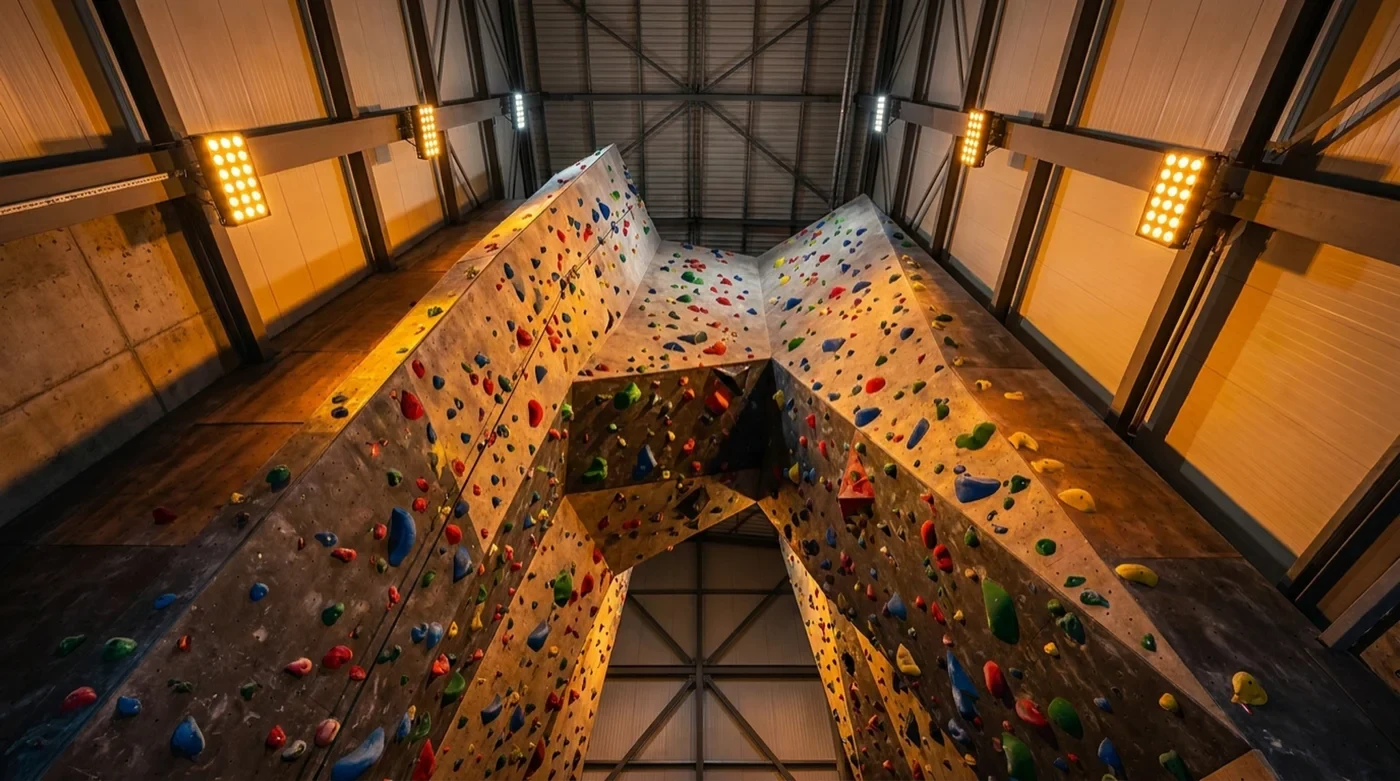 Indoor climbing wall with colorful holds under dramatic lighting
