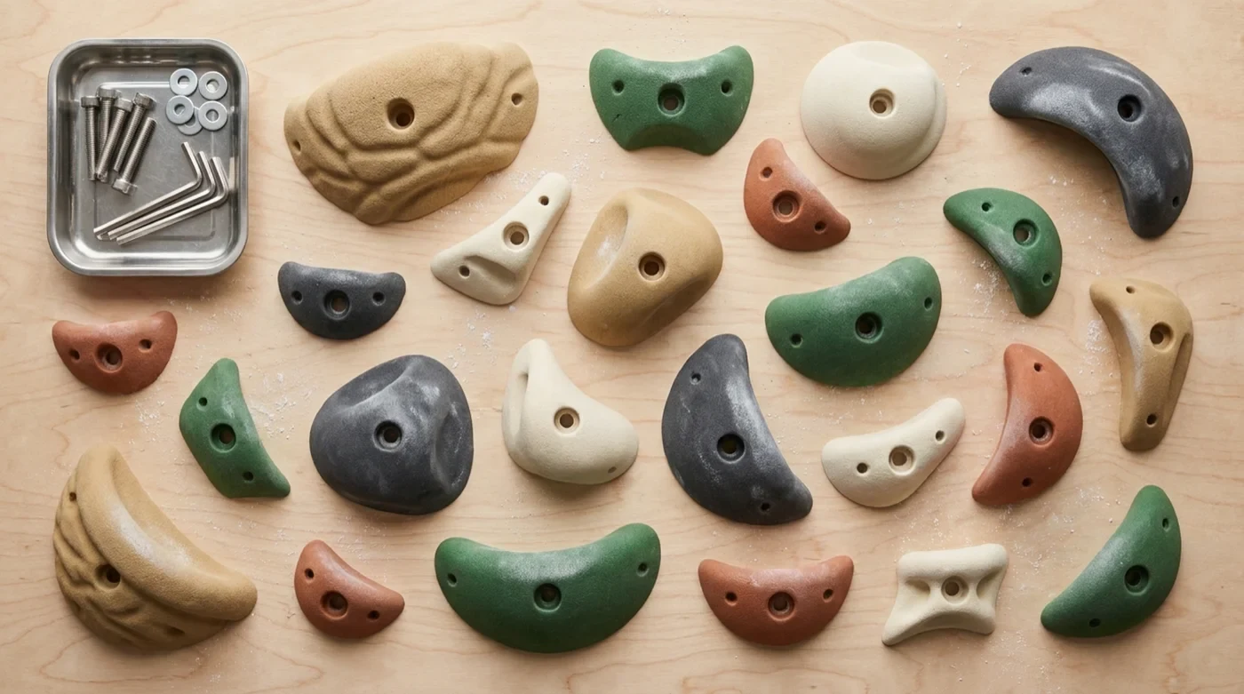 Overhead flat-lay of assorted climbing holds on plywood