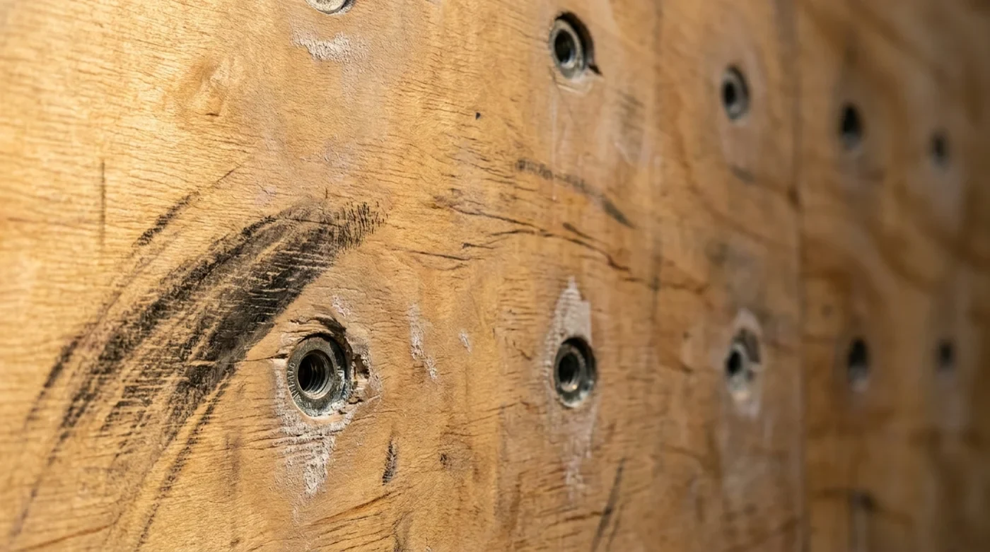 Close-up of climbing wall texture with chalk marks