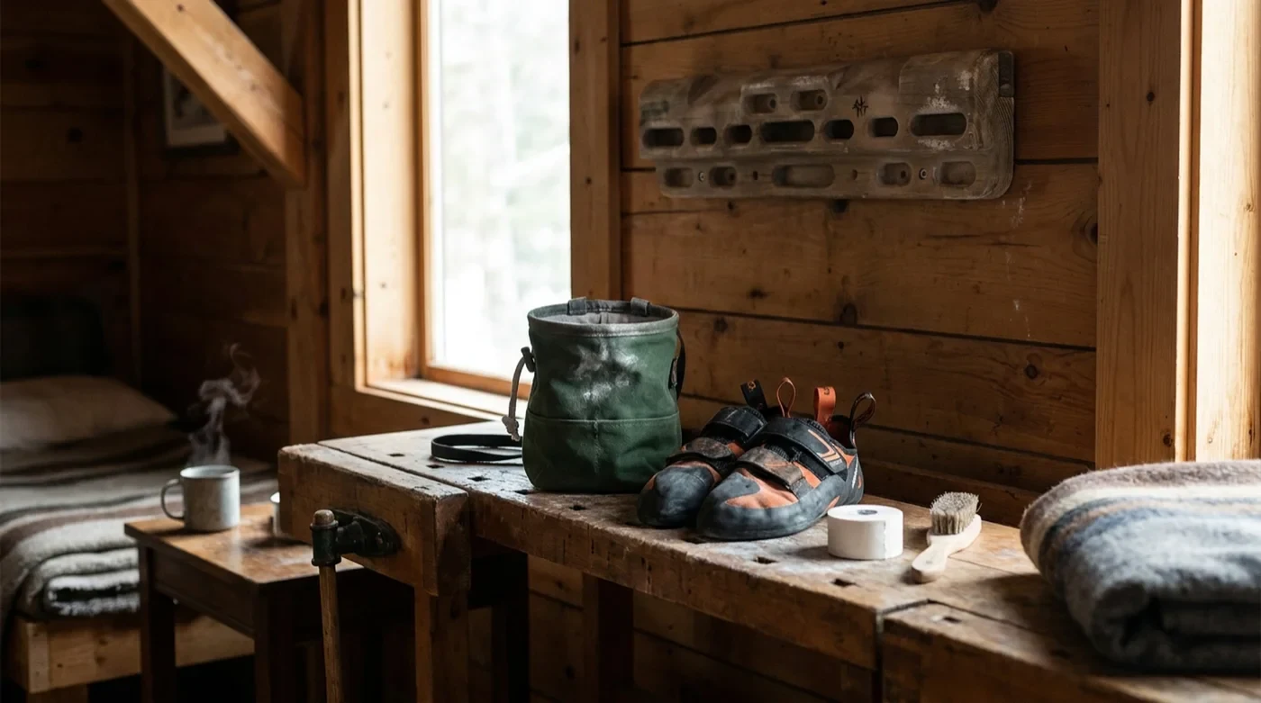 Climber workspace with chalk bag, shoes, and hangboard